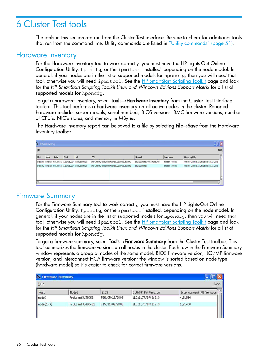 HP Cluster Test Software manual Cluster Test tools, Hardware Inventory, Firmware Summary 