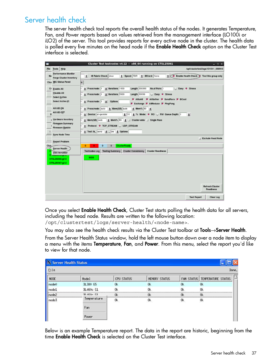 HP Cluster Test Software manual Server health check 