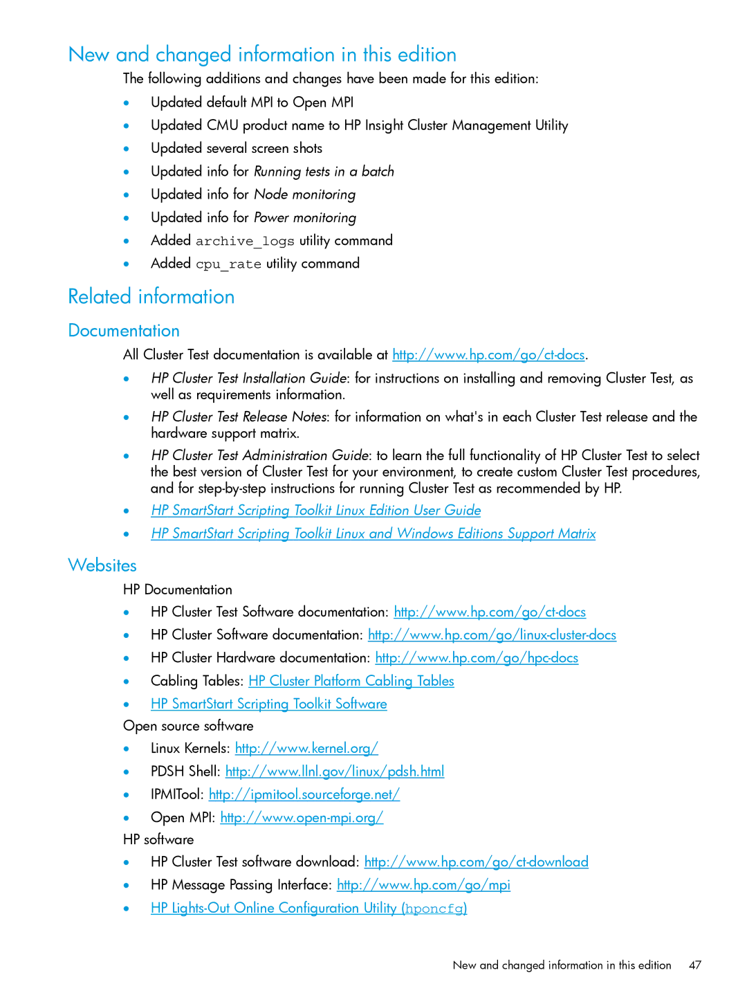 HP Cluster Test Software manual New and changed information in this edition, Related information, Documentation, Websites 
