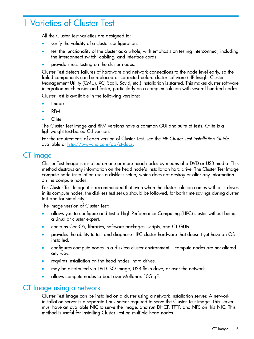 HP Cluster Test Software manual Varieties of Cluster Test, CT Image using a network 