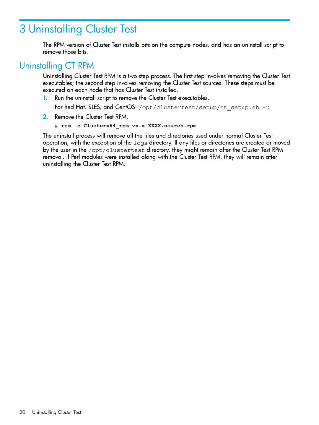 HP Cluster Test Software manual Uninstalling Cluster Test, Uninstalling CT RPM 