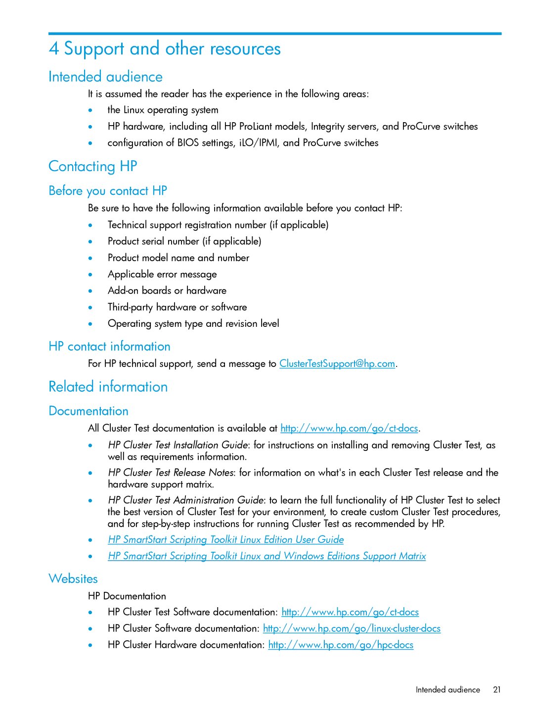 HP Cluster Test Software manual Support and other resources, Intended audience, Contacting HP, Related information 