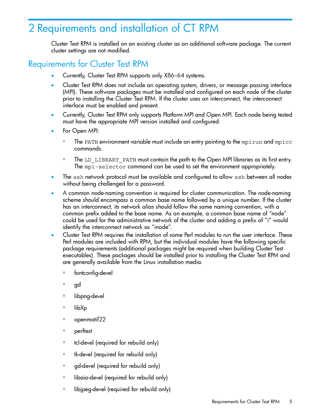 HP Cluster Test Software manual Requirements and installation of CT RPM, Requirements for Cluster Test RPM 