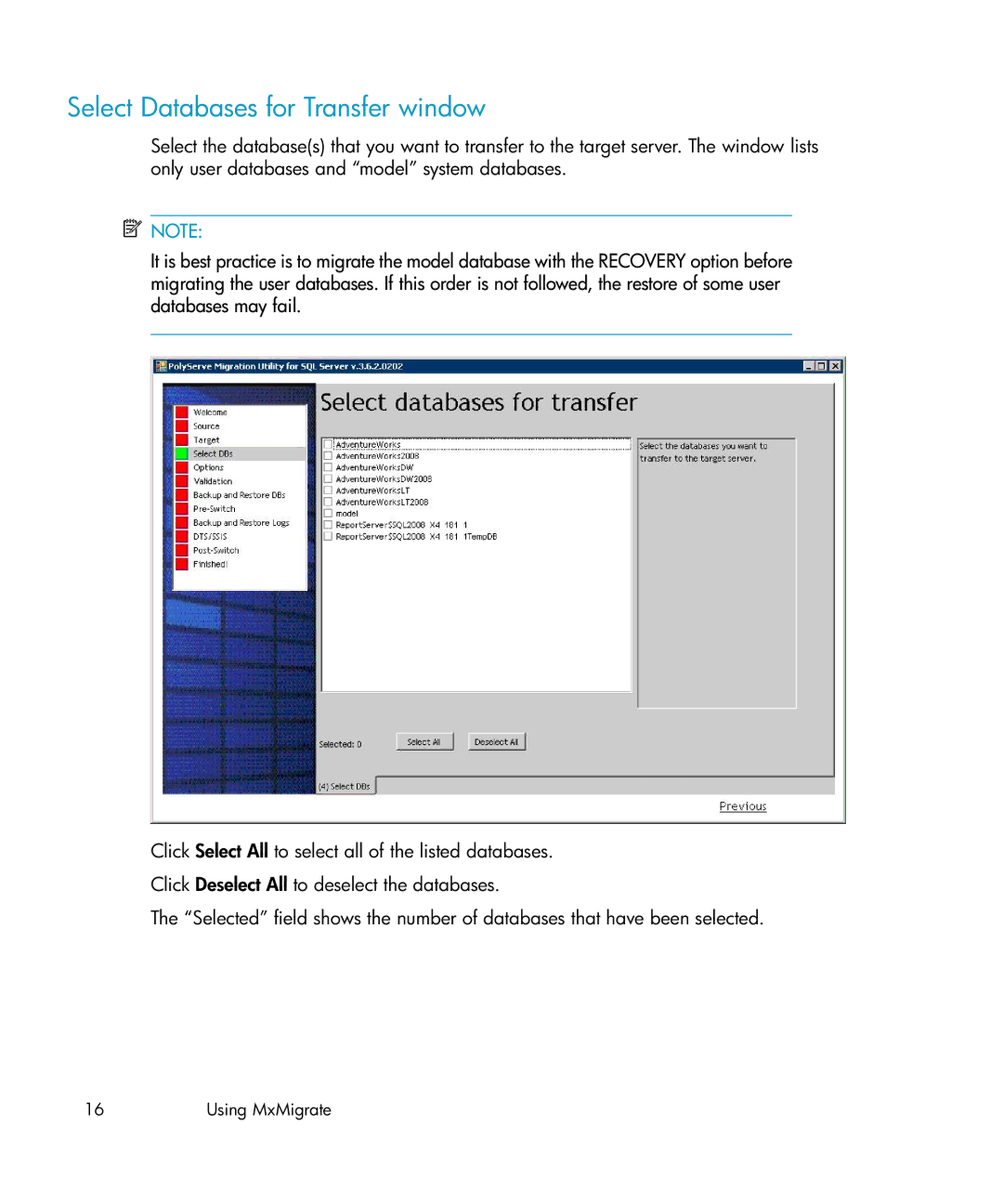 HP Clustered Gateway Device Management Software manual Select Databases for Transfer window 