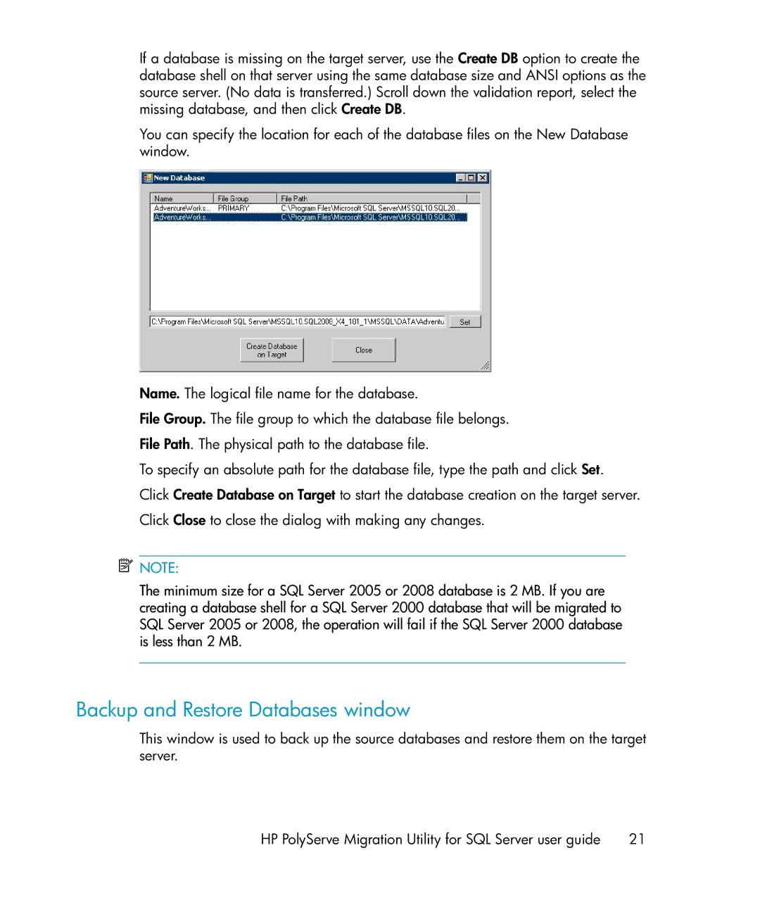 HP Clustered Gateway Device Management Software manual Backup and Restore Databases window 