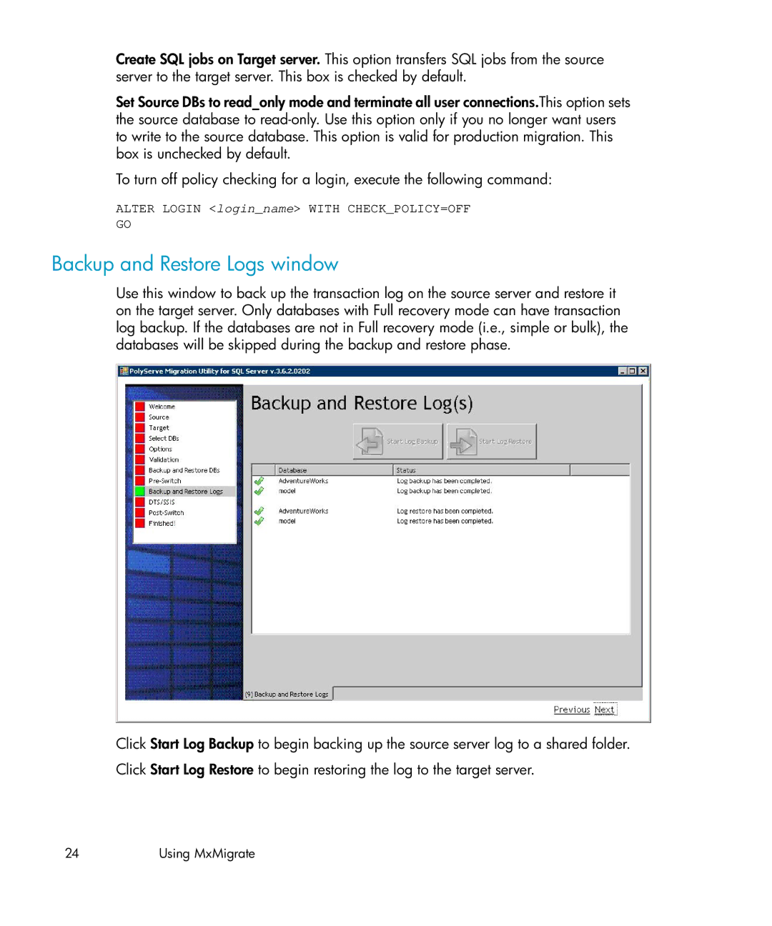 HP Clustered Gateway Device Management Software manual Backup and Restore Logs window 