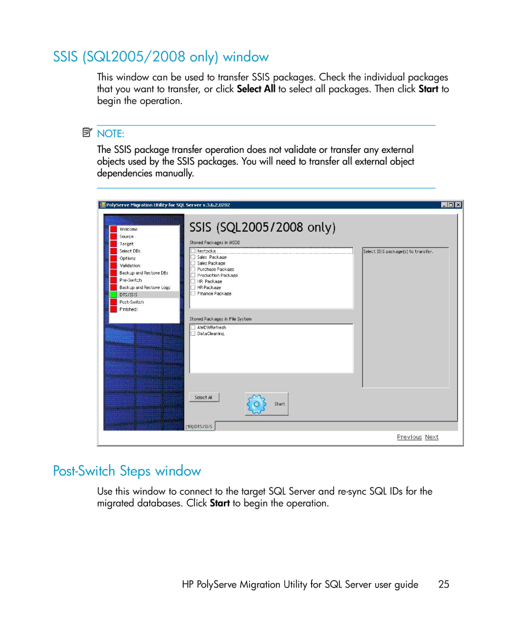 HP Clustered Gateway Device Management Software manual Ssis SQL2005/2008 only window, Post-Switch Steps window 