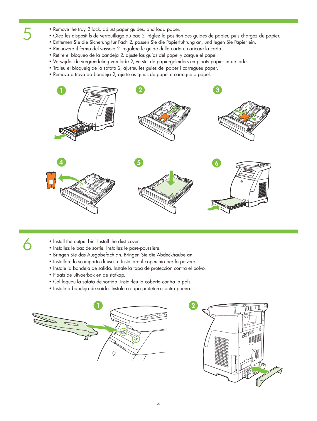 HP CM1015 MFP manual Plaats de uitvoerbak en de stofkap 