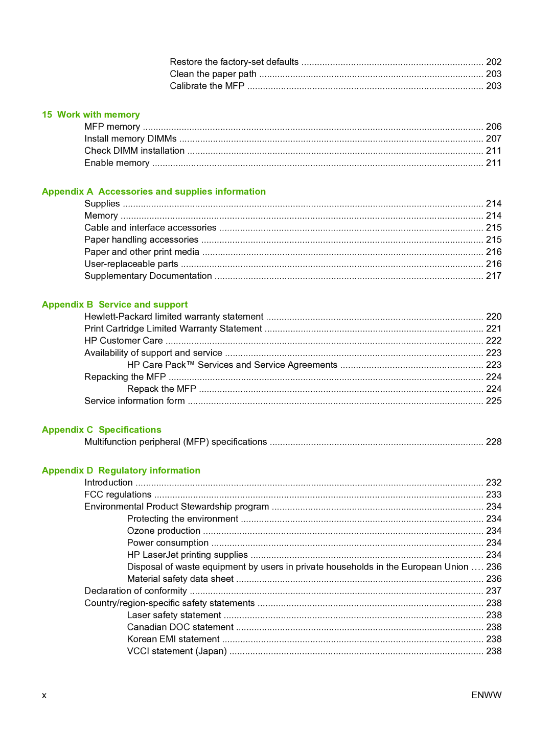 HP CM1015 manual Work with memory, Appendix a Accessories and supplies information, Appendix B Service and support 