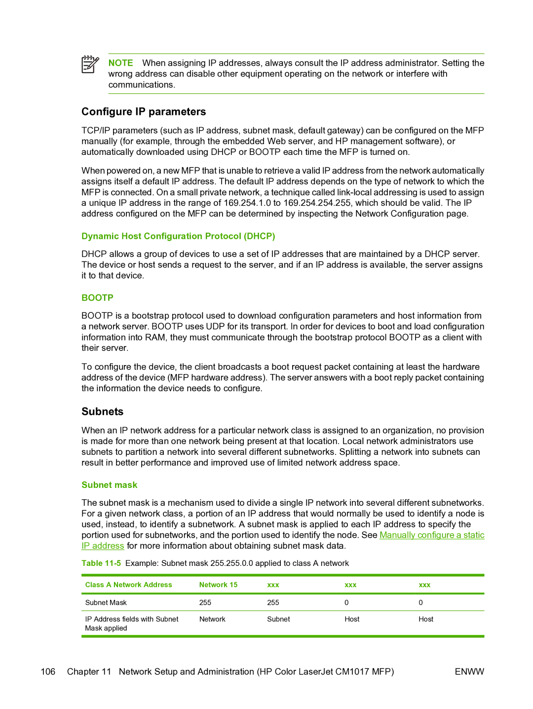 HP CM1015 manual Configure IP parameters, Subnets, Dynamic Host Configuration Protocol Dhcp, Subnet mask 