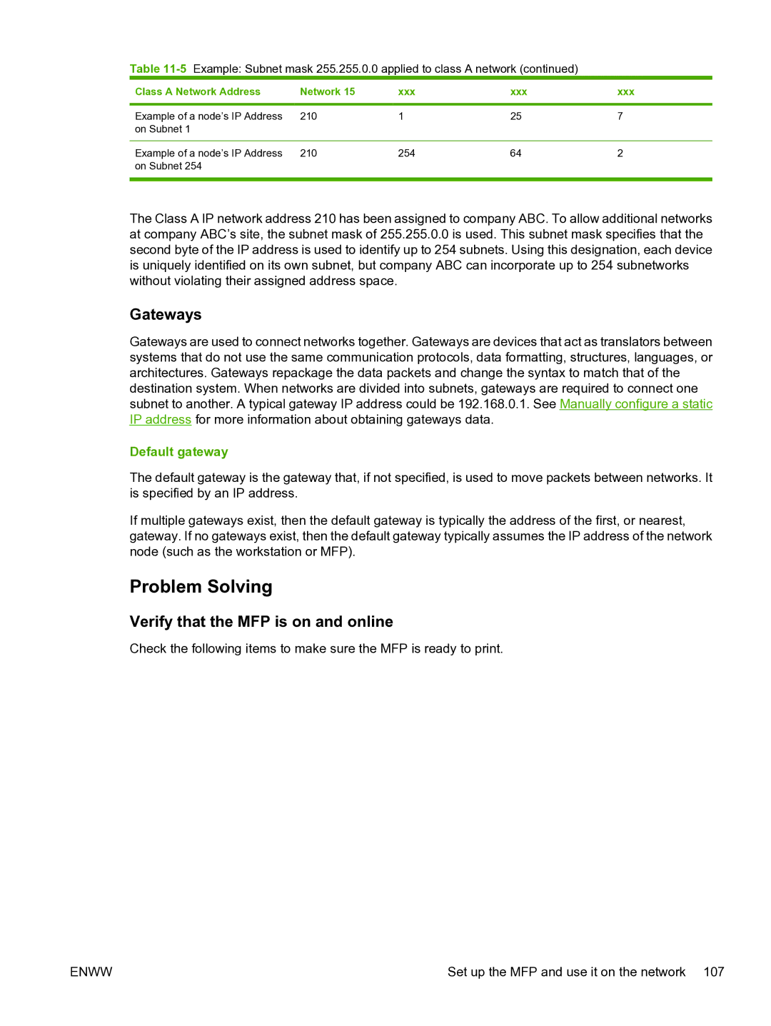 HP CM1015 manual Problem Solving, Gateways, Verify that the MFP is on and online, Default gateway 