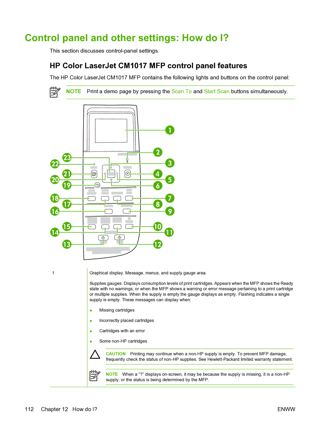 HP CM1015 manual Control panel and other settings How do I?, HP Color LaserJet CM1017 MFP control panel features 