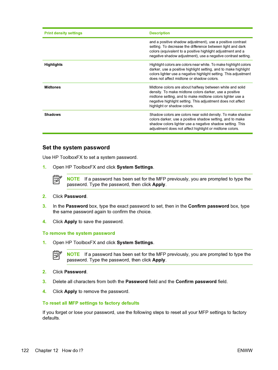 HP CM1015 manual Set the system password, To remove the system password, To reset all MFP settings to factory defaults 