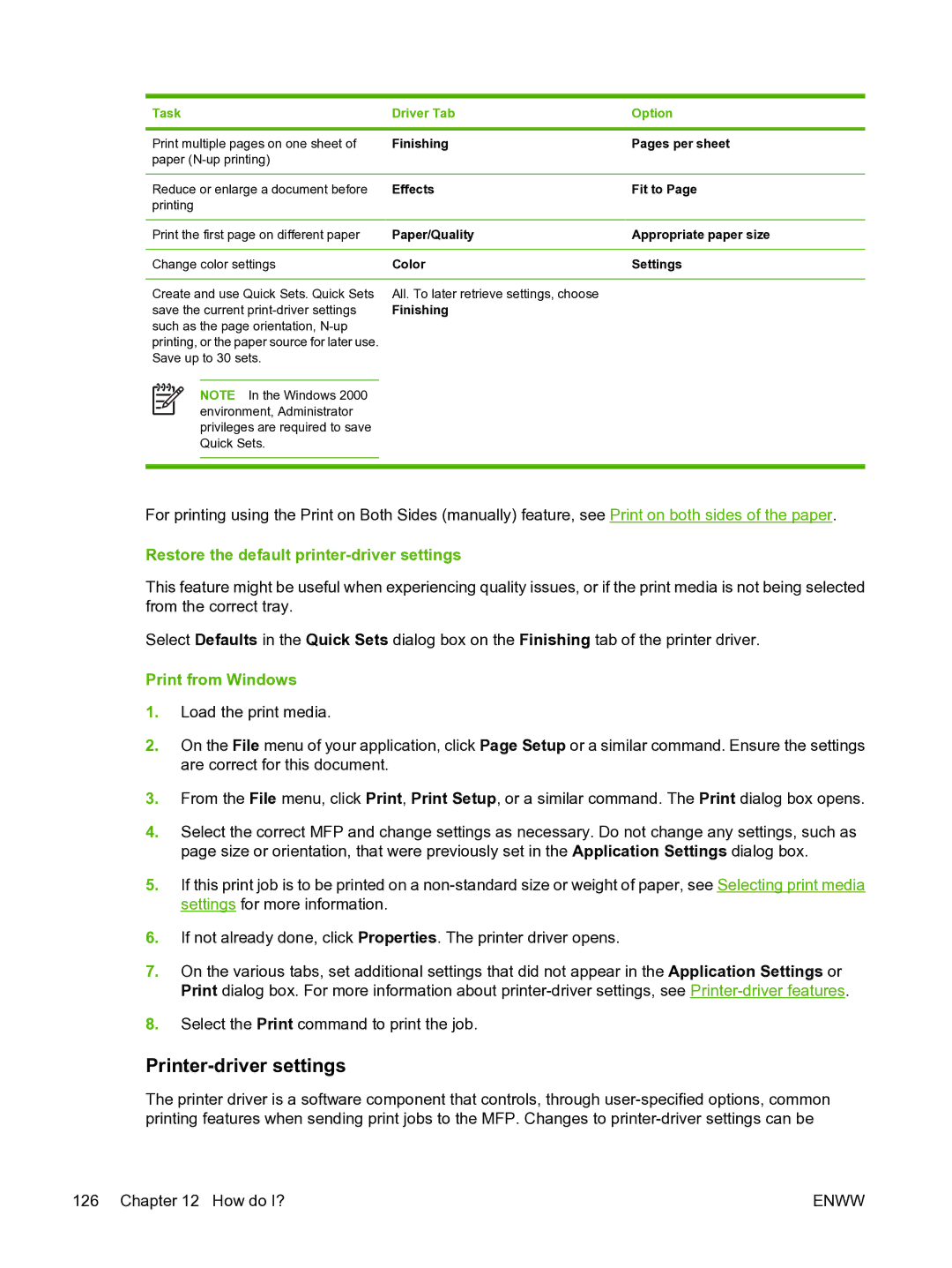 HP CM1015 manual Printer-driver settings, Print from Windows 