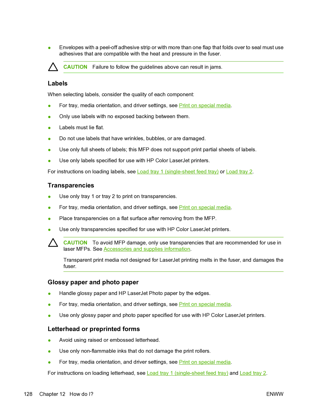 HP CM1015 manual Labels, Transparencies, Glossy paper and photo paper, Letterhead or preprinted forms 