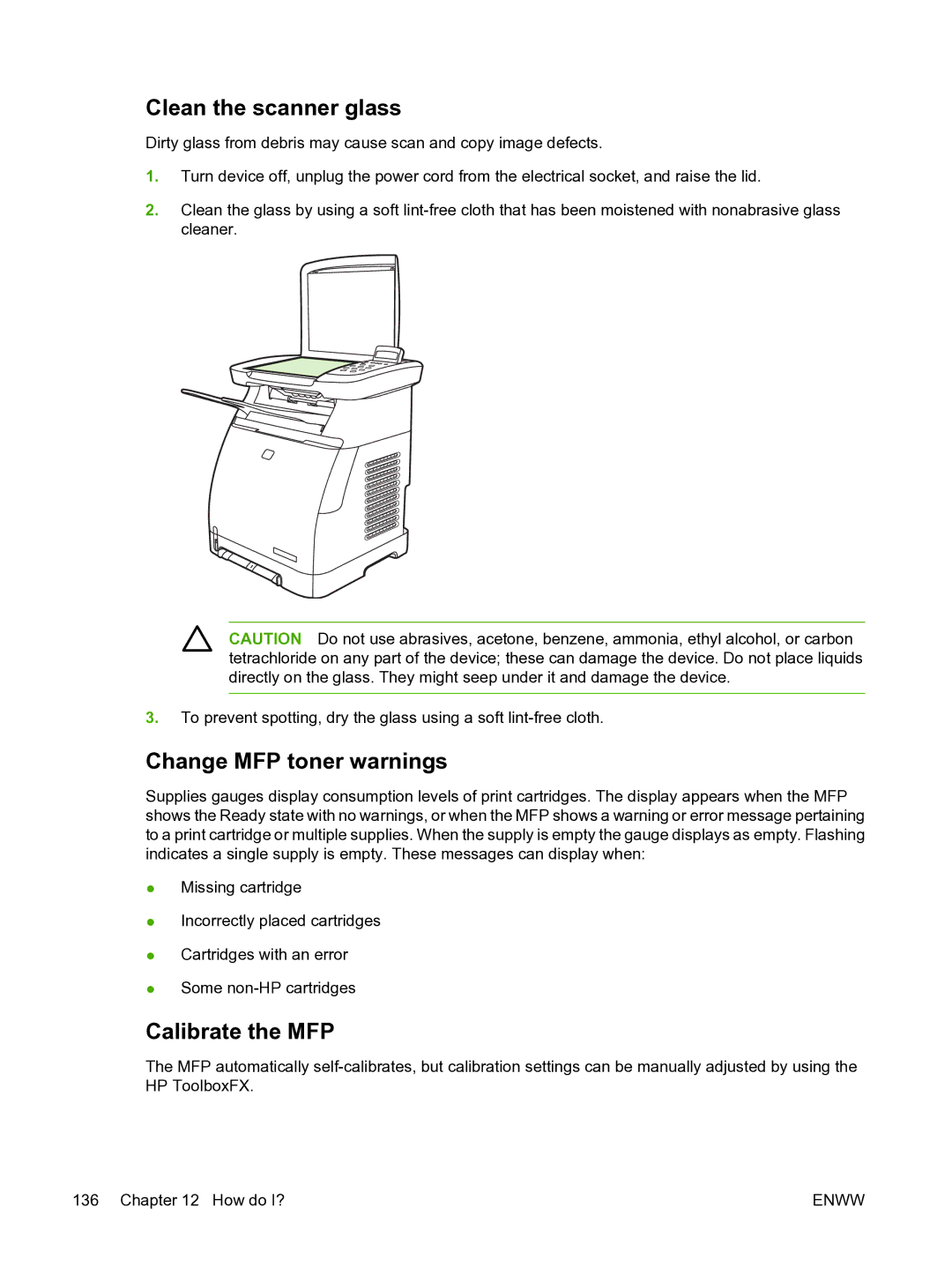 HP CM1015 manual Clean the scanner glass, Change MFP toner warnings, Calibrate the MFP 