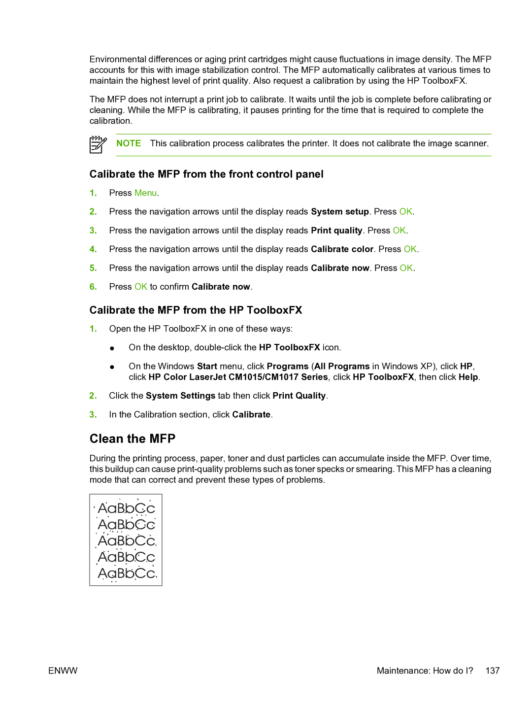 HP CM1015 manual Clean the MFP, Calibrate the MFP from the front control panel, Calibrate the MFP from the HP ToolboxFX 