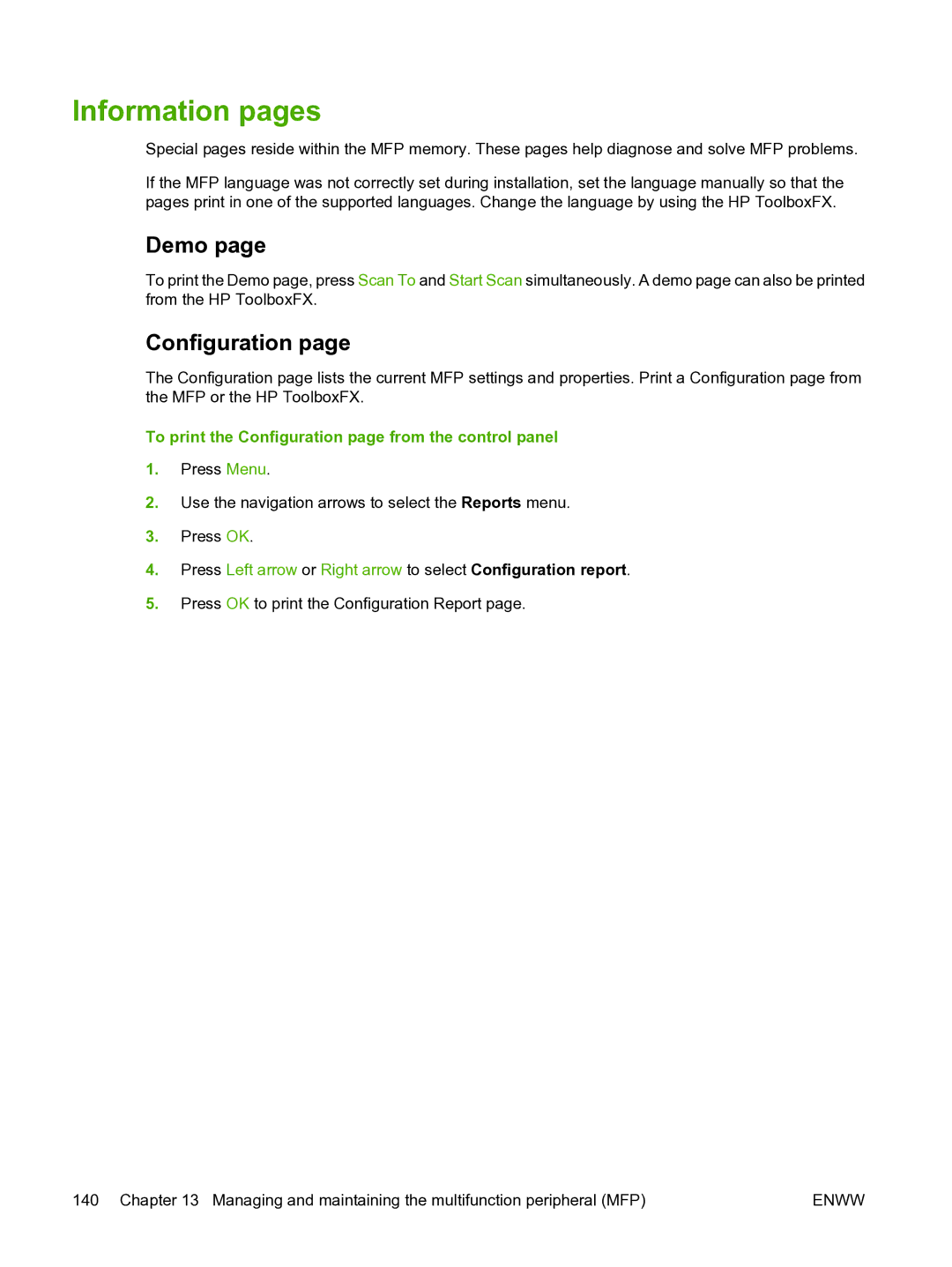 HP CM1015 manual Information pages, Demo, To print the Configuration page from the control panel 