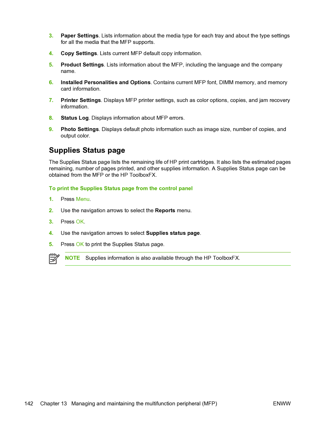 HP CM1015 manual To print the Supplies Status page from the control panel 