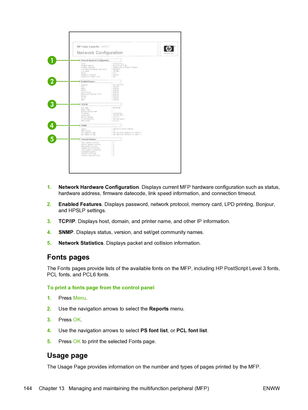 HP CM1015 manual Fonts pages, Usage, To print a fonts page from the control panel 