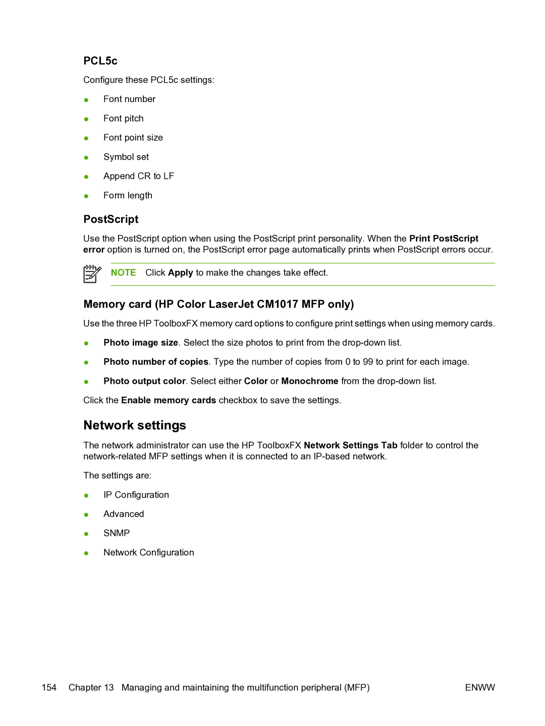 HP CM1015 manual Network settings, PCL5c 