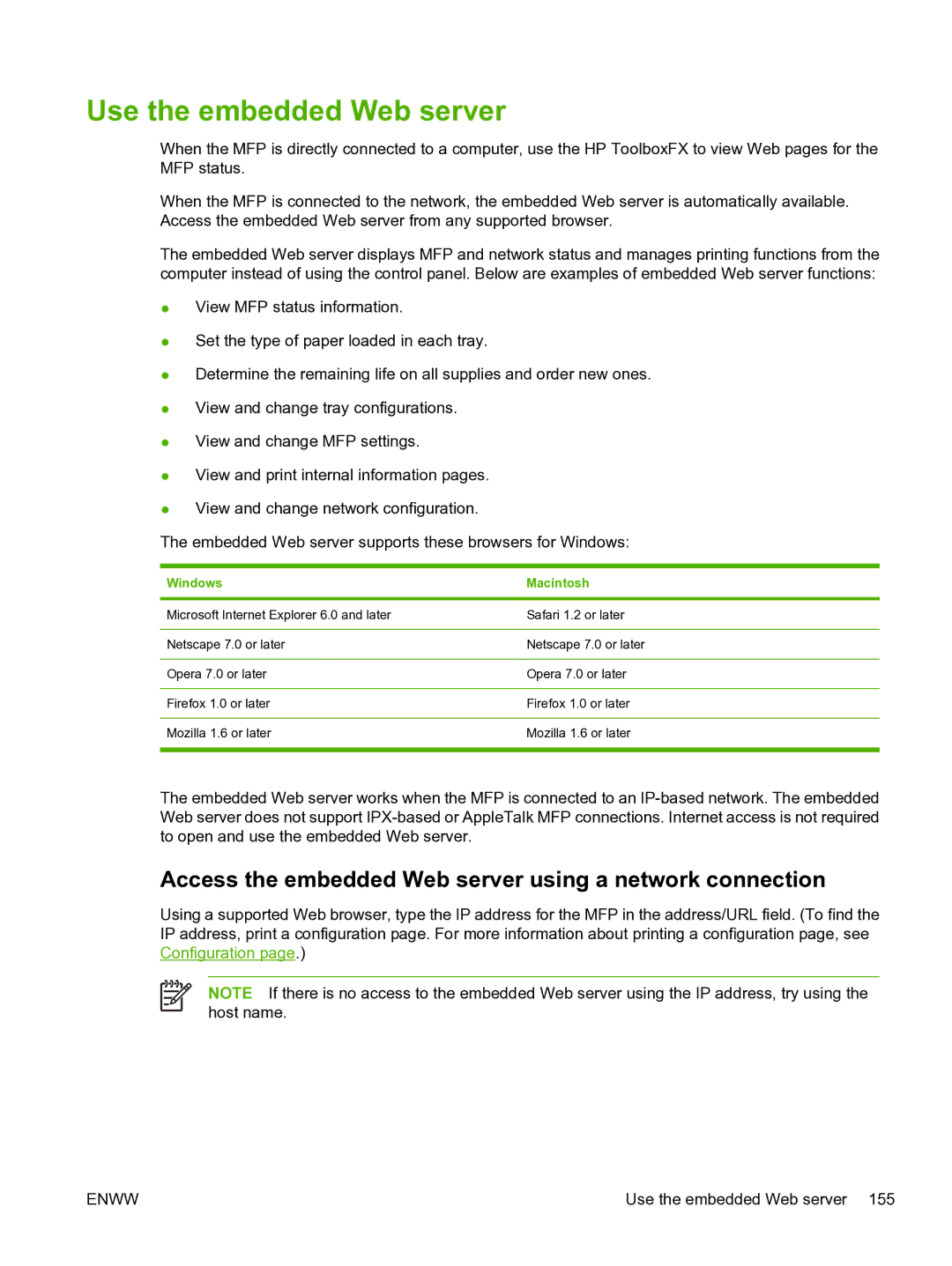 HP CM1015 manual Use the embedded Web server, Access the embedded Web server using a network connection, Windows Macintosh 