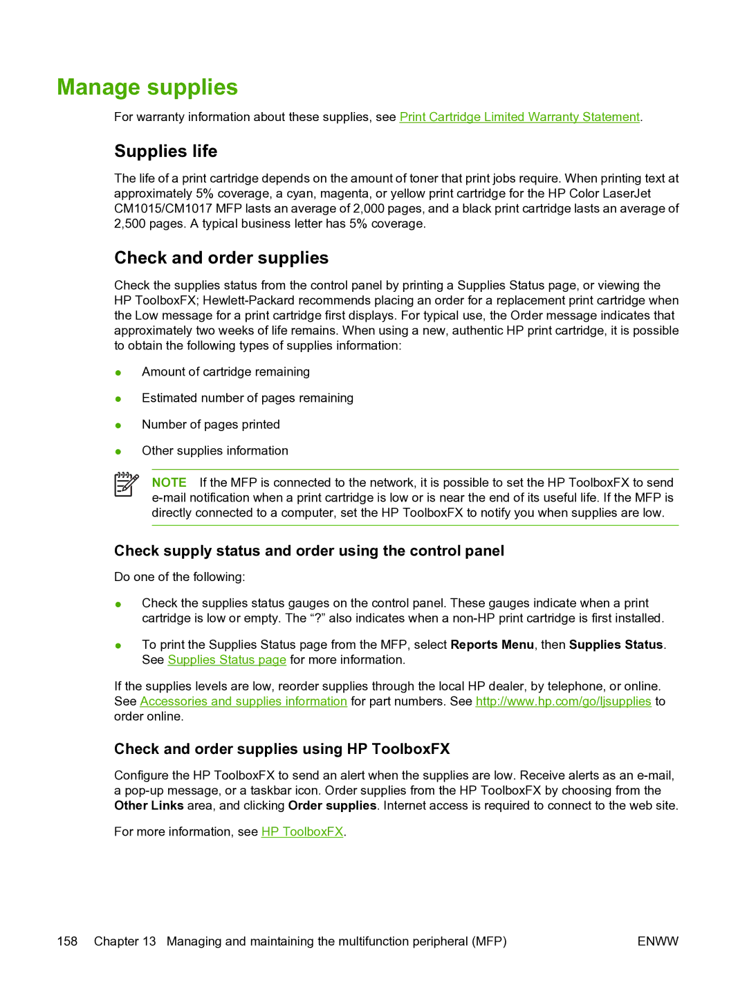 HP CM1015 Manage supplies, Supplies life, Check and order supplies, Check supply status and order using the control panel 