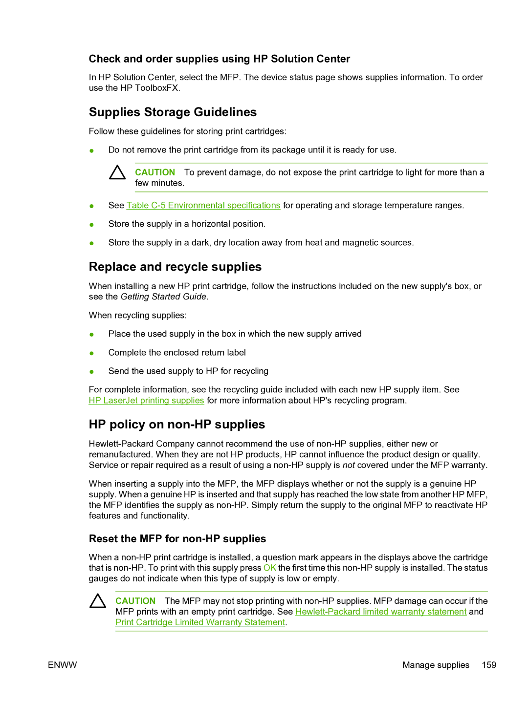 HP CM1015 manual Supplies Storage Guidelines, Replace and recycle supplies, HP policy on non-HP supplies 