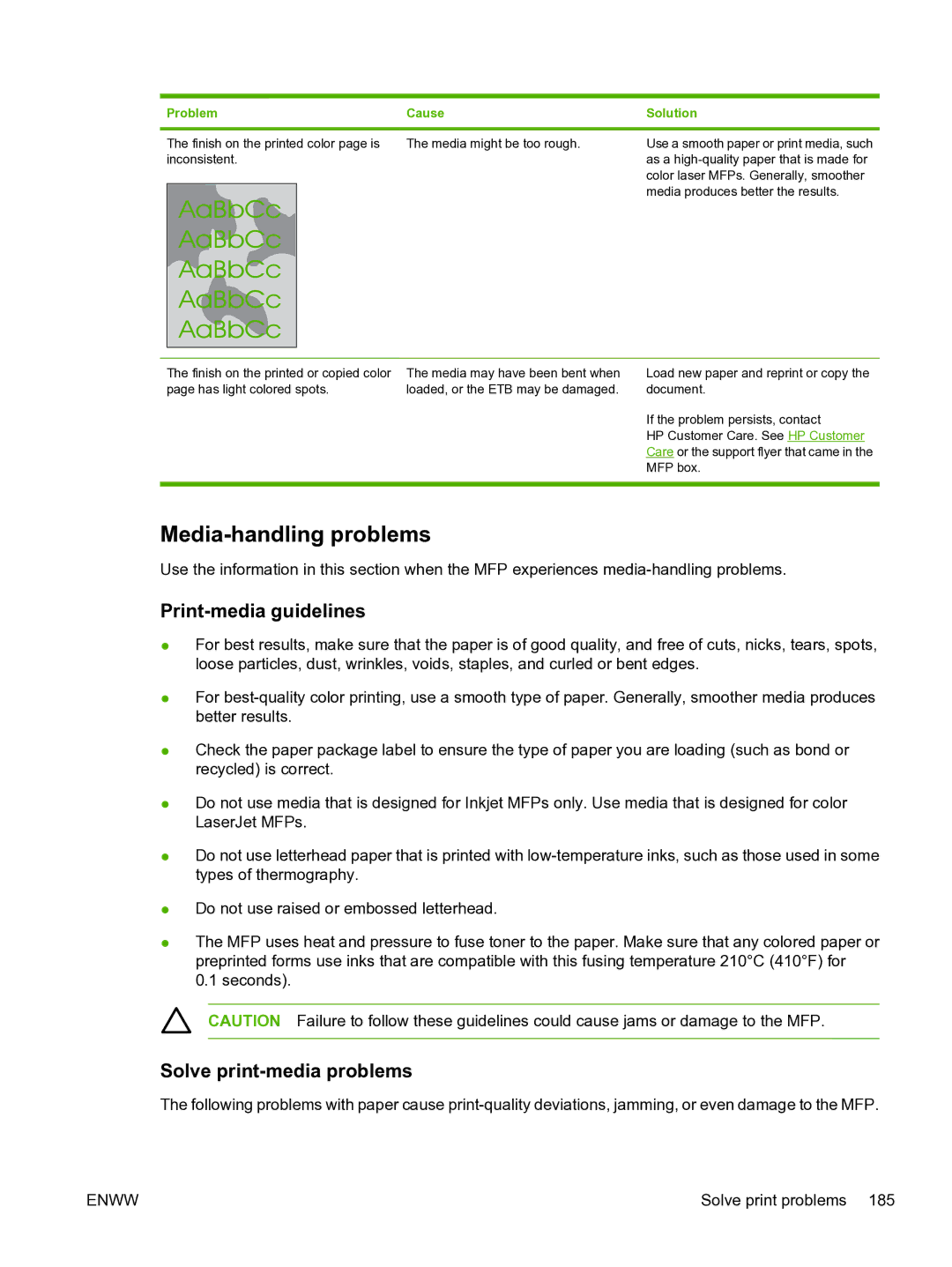 HP CM1015 manual Media-handling problems, Print-media guidelines, Solve print-media problems 