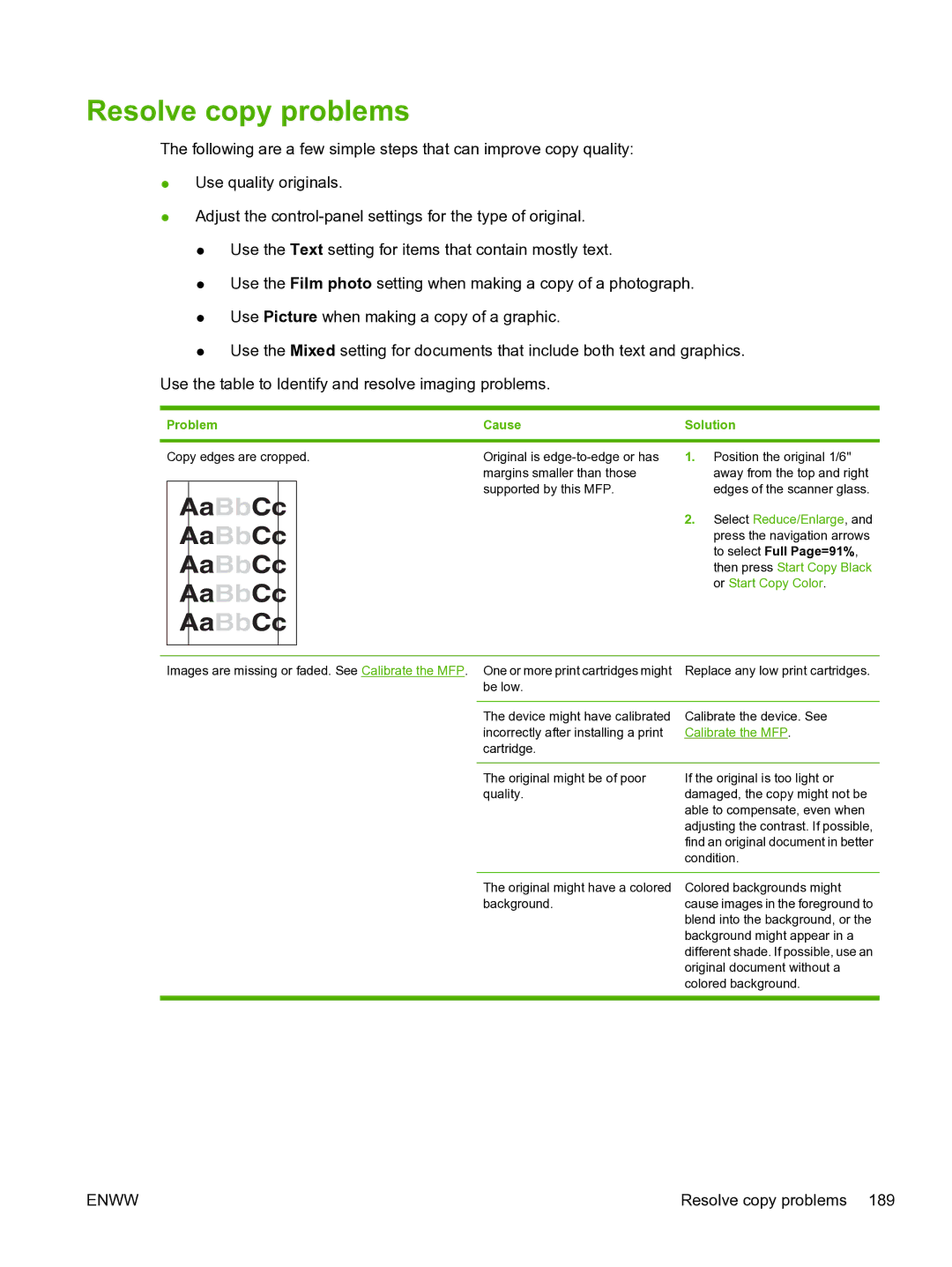 HP CM1015 manual Resolve copy problems, Calibrate the MFP 