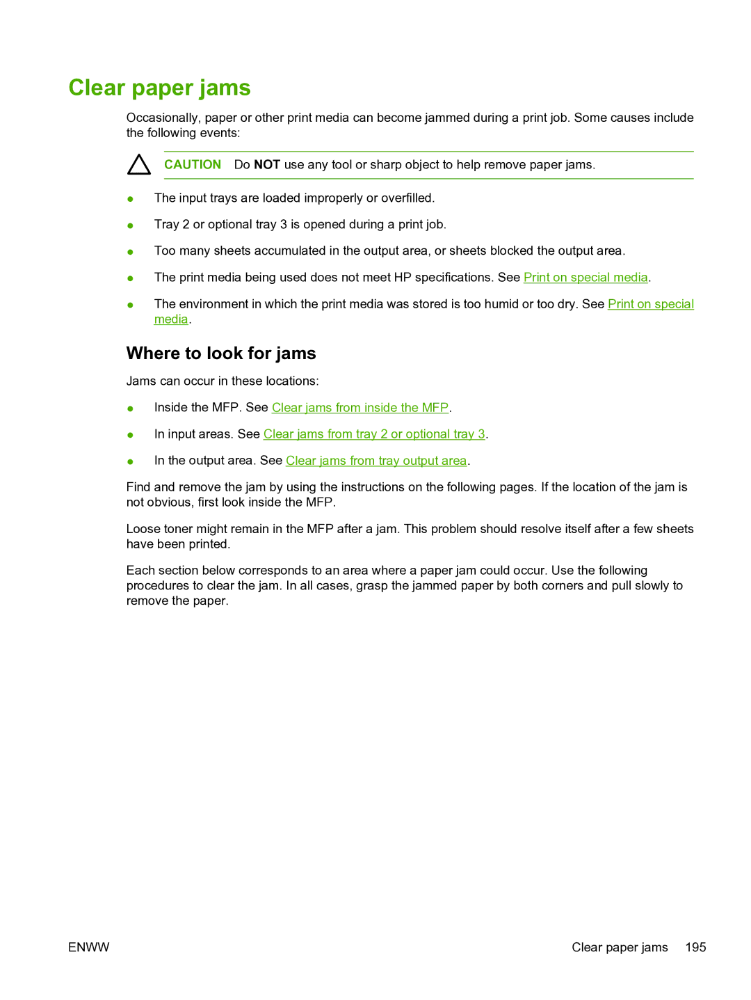 HP CM1015 manual Clear paper jams, Where to look for jams 