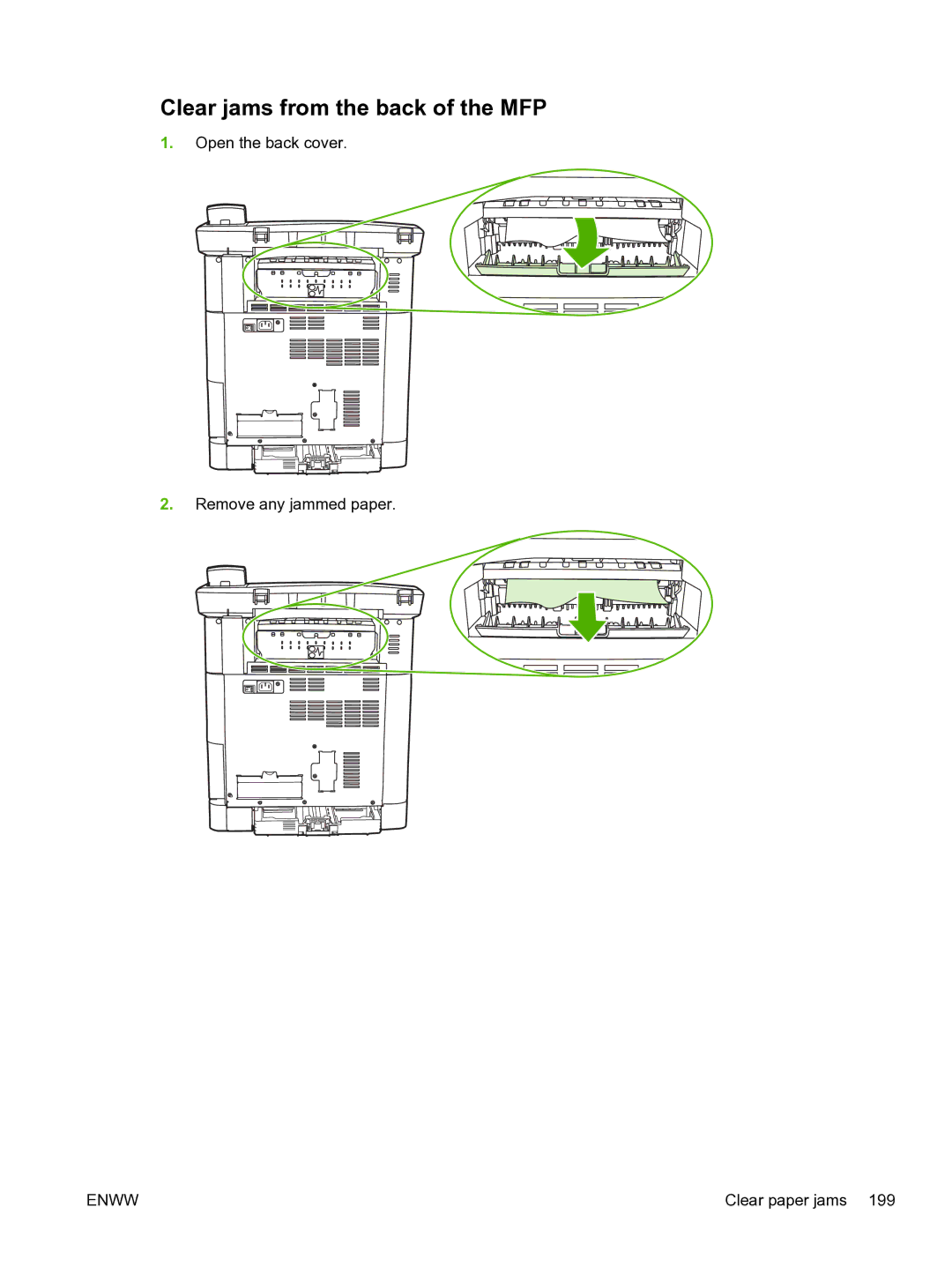 HP CM1015 manual Clear jams from the back of the MFP 