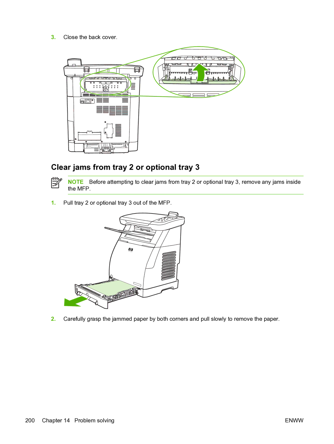 HP CM1015 manual Clear jams from tray 2 or optional tray 