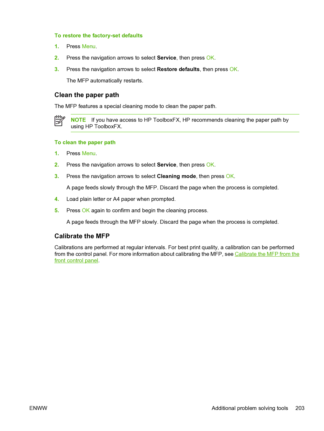 HP CM1015 manual Clean the paper path, Calibrate the MFP, To restore the factory-set defaults, To clean the paper path 