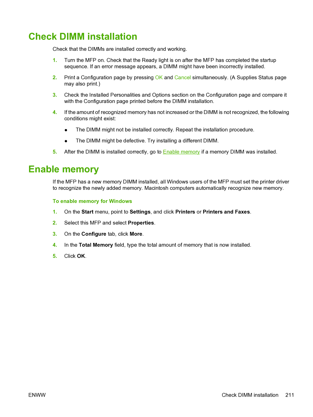 HP CM1015 manual Check Dimm installation, Enable memory, To enable memory for Windows 