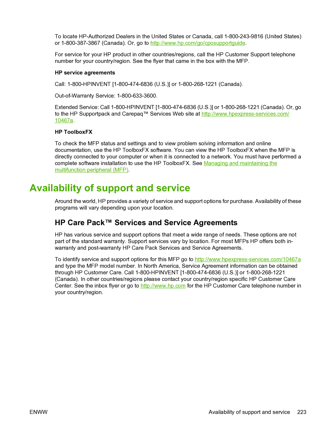 HP CM1015 manual Availability of support and service, HP Care Pack Services and Service Agreements 