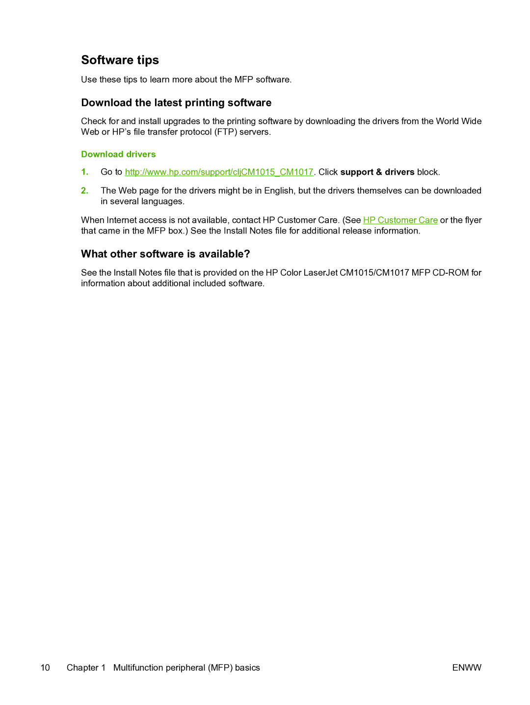 HP CM1015 manual Software tips, Download the latest printing software, What other software is available?, Download drivers 
