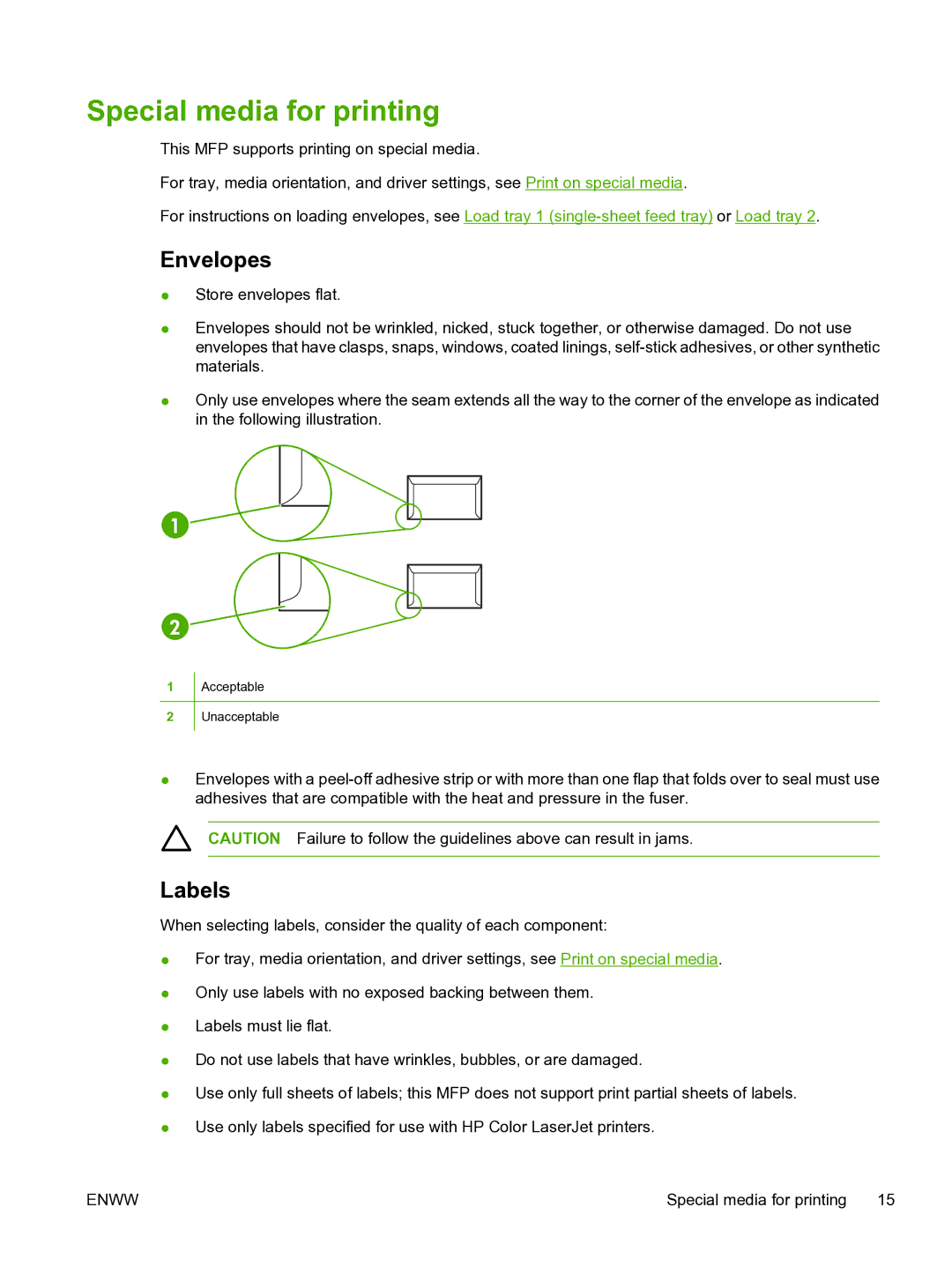 HP CM1015 manual Special media for printing, Envelopes, Labels 