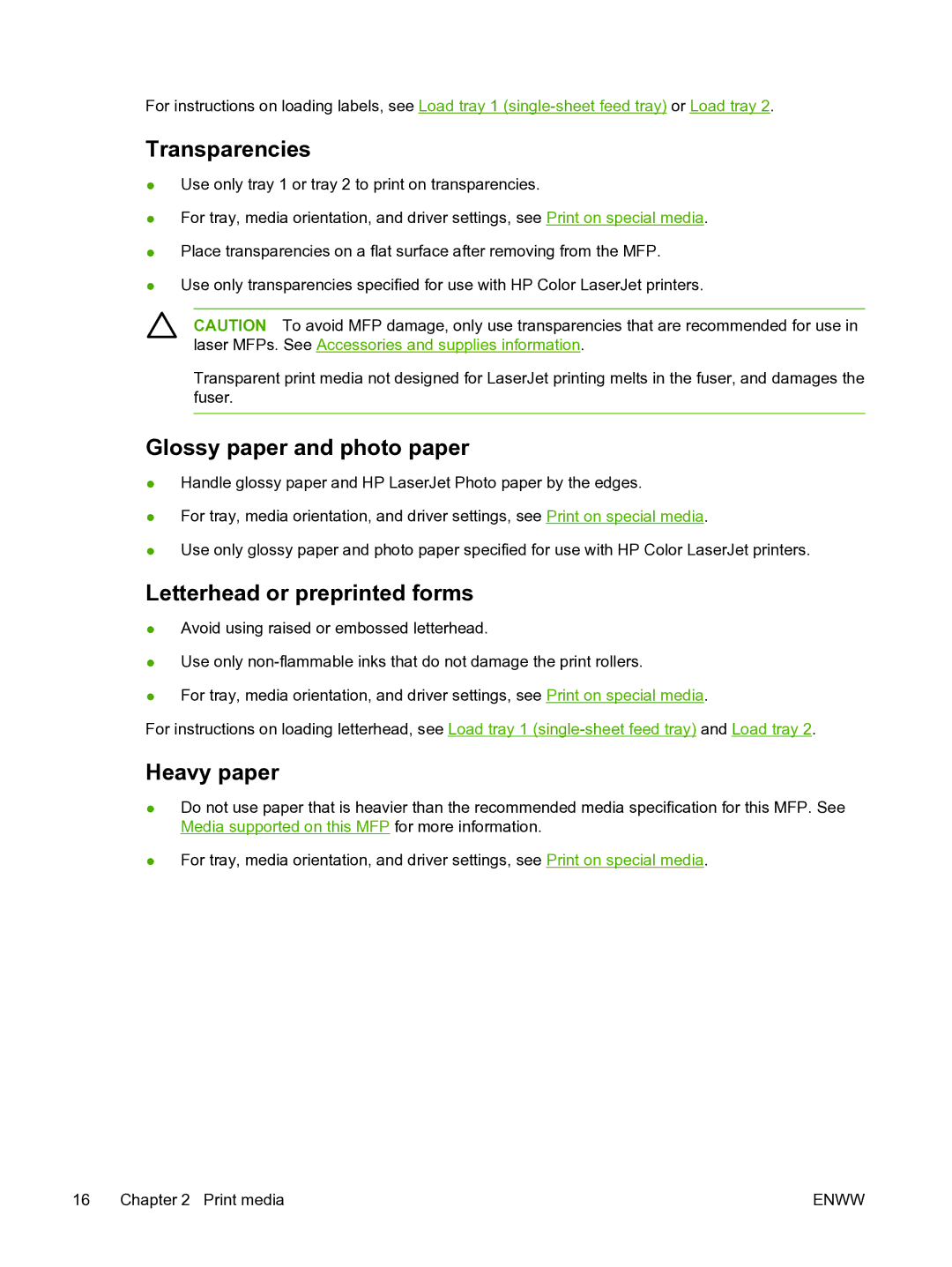 HP CM1015 manual Transparencies, Glossy paper and photo paper, Letterhead or preprinted forms, Heavy paper 