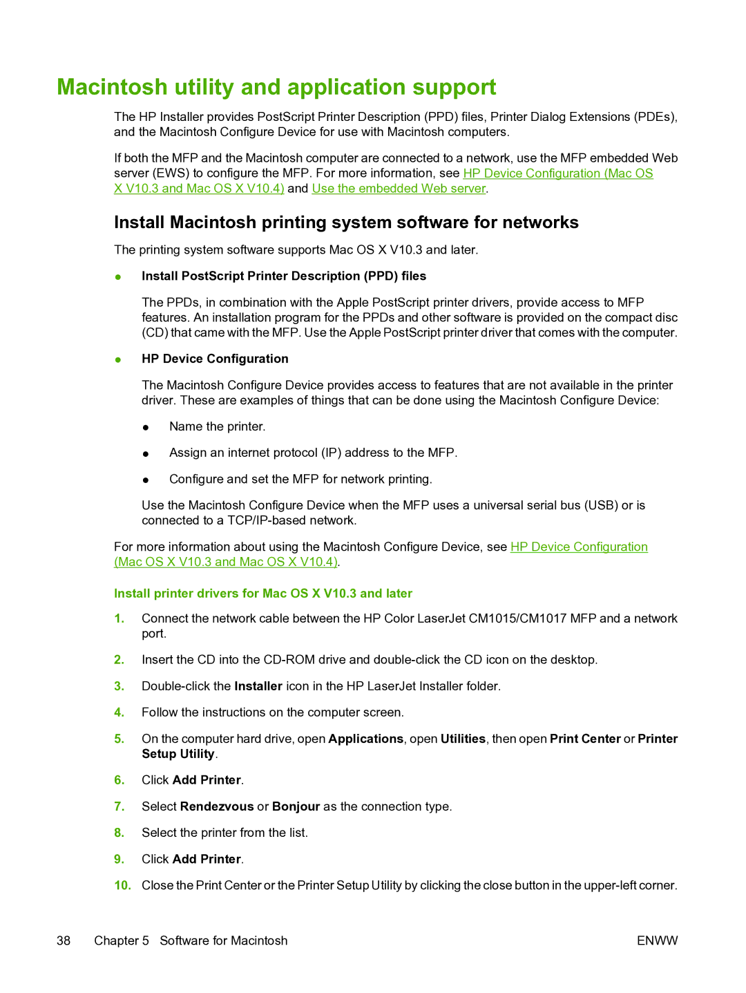 HP CM1015 manual Macintosh utility and application support, Install Macintosh printing system software for networks 