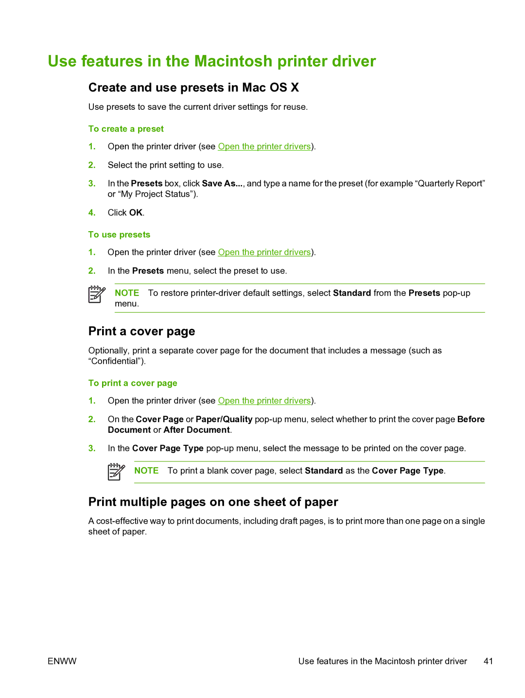 HP CM1015 manual Use features in the Macintosh printer driver, Create and use presets in Mac OS, Print a cover 