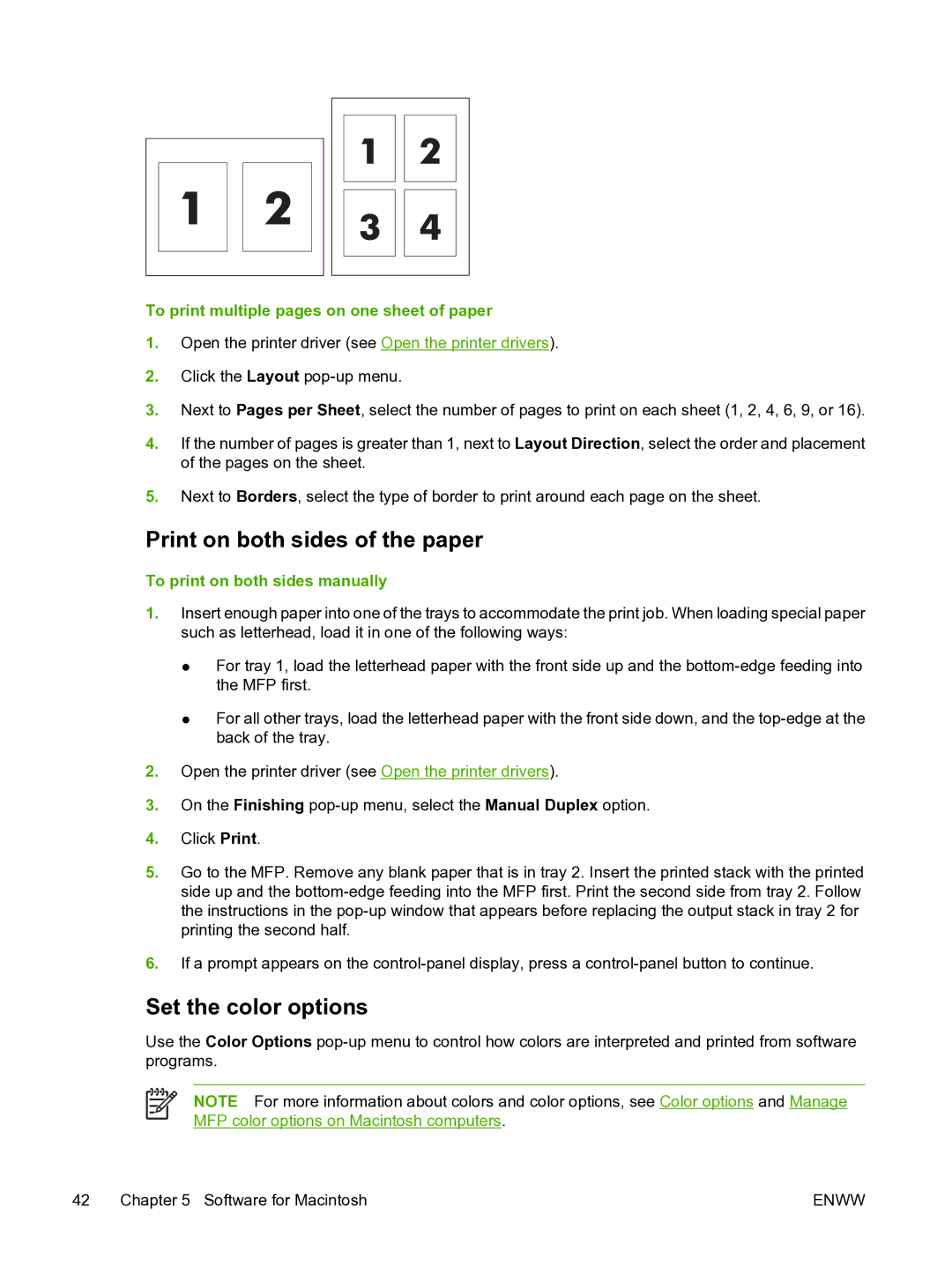 HP CM1015 manual Print on both sides of the paper, Set the color options, To print multiple pages on one sheet of paper 