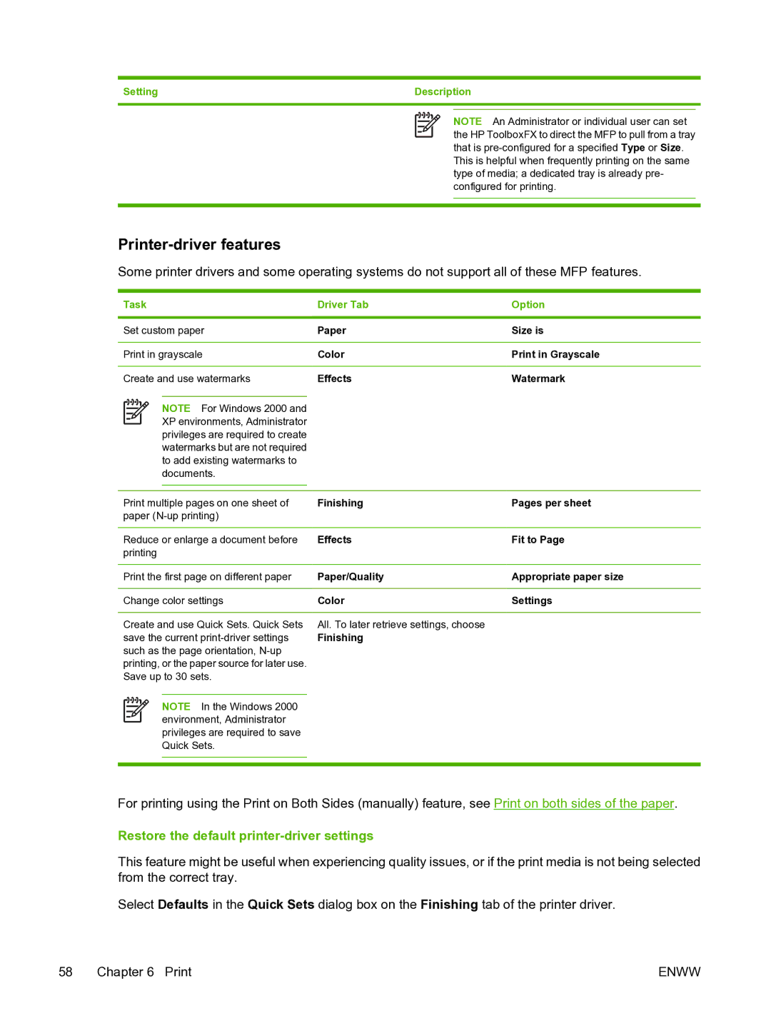 HP CM1015 manual Printer-driver features, Restore the default printer-driver settings, Task Driver Tab Option 