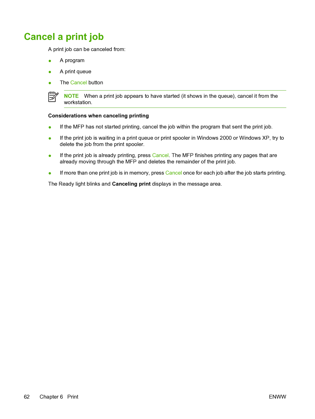 HP CM1015 manual Cancel a print job, Considerations when canceling printing 
