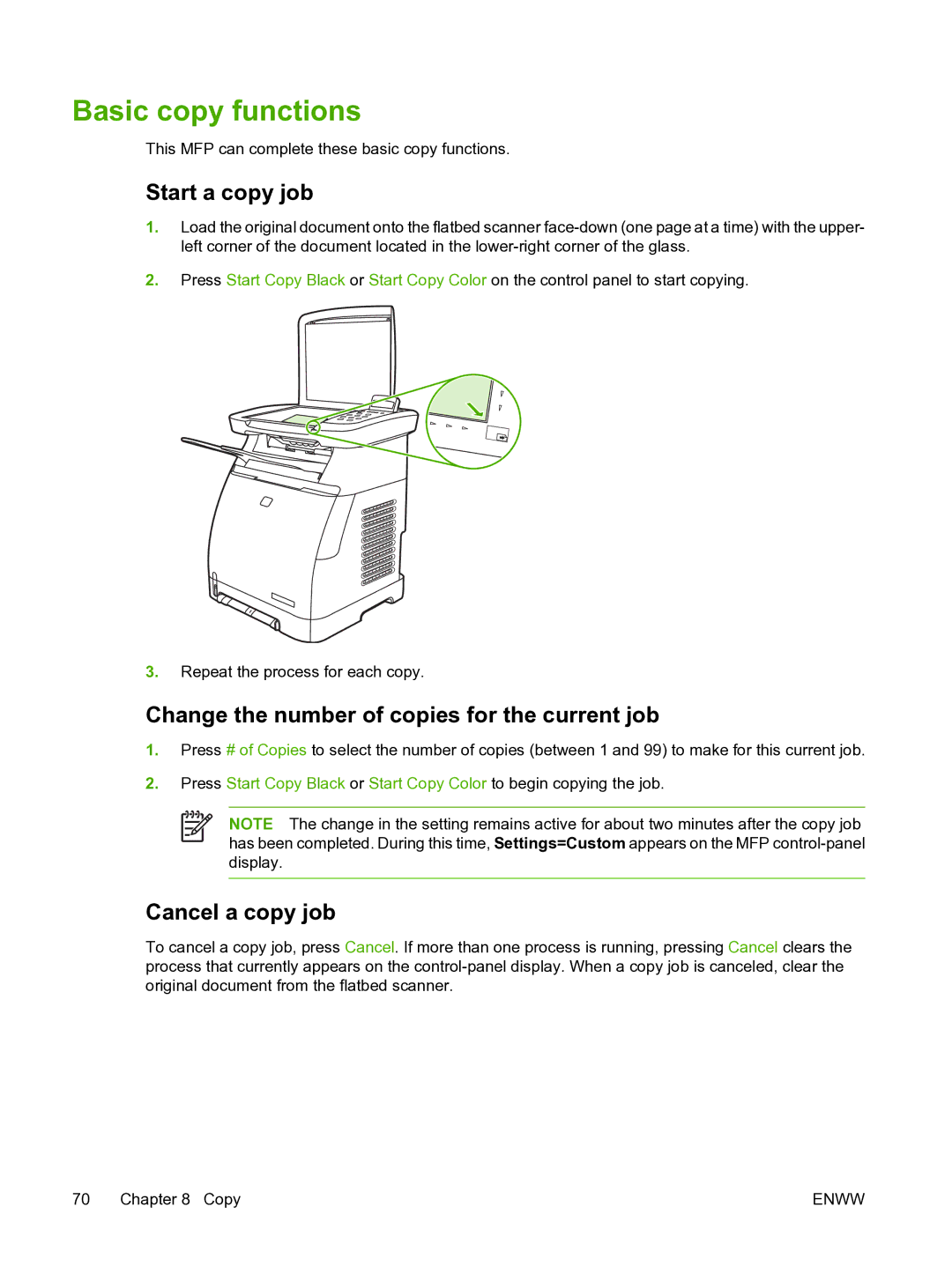 HP CM1015 manual Basic copy functions, Start a copy job, Change the number of copies for the current job, Cancel a copy job 