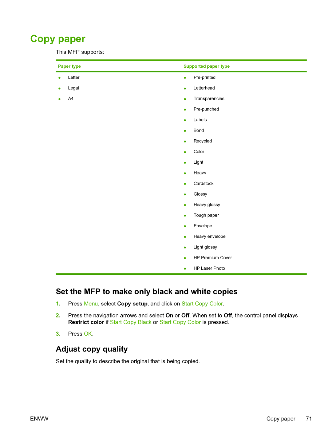 HP CM1015 manual Copy paper, Set the MFP to make only black and white copies, Adjust copy quality 