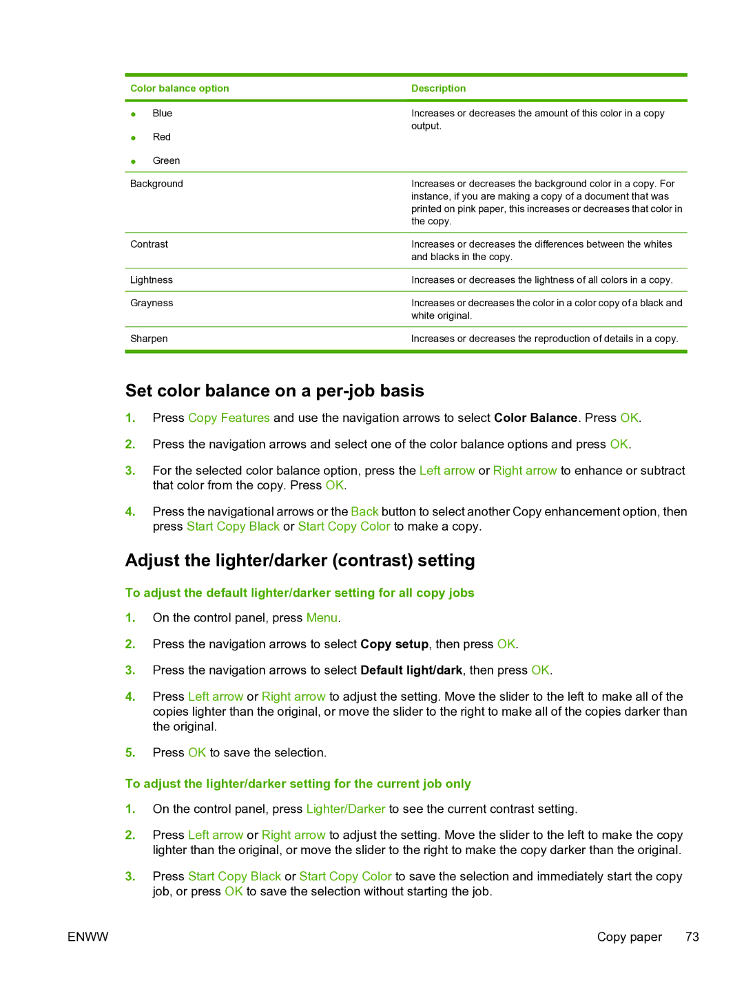 HP CM1015 manual Set color balance on a per-job basis, Adjust the lighter/darker contrast setting 