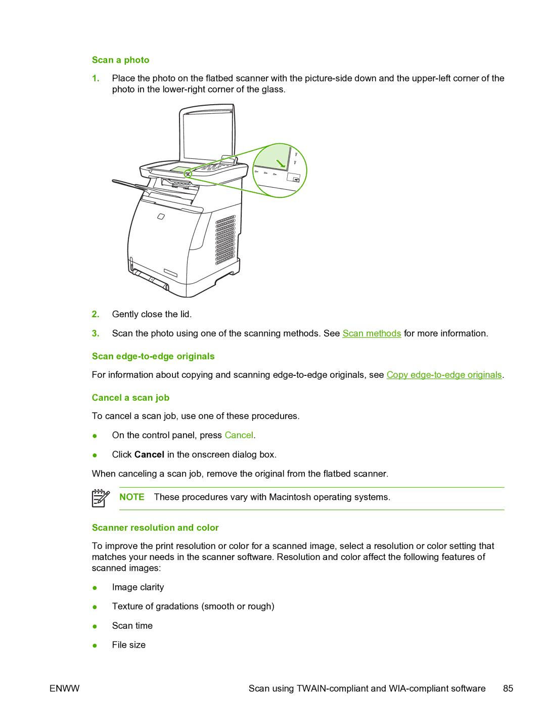 HP CM1015 manual Scan a photo, Scan edge-to-edge originals, Cancel a scan job, Scanner resolution and color 