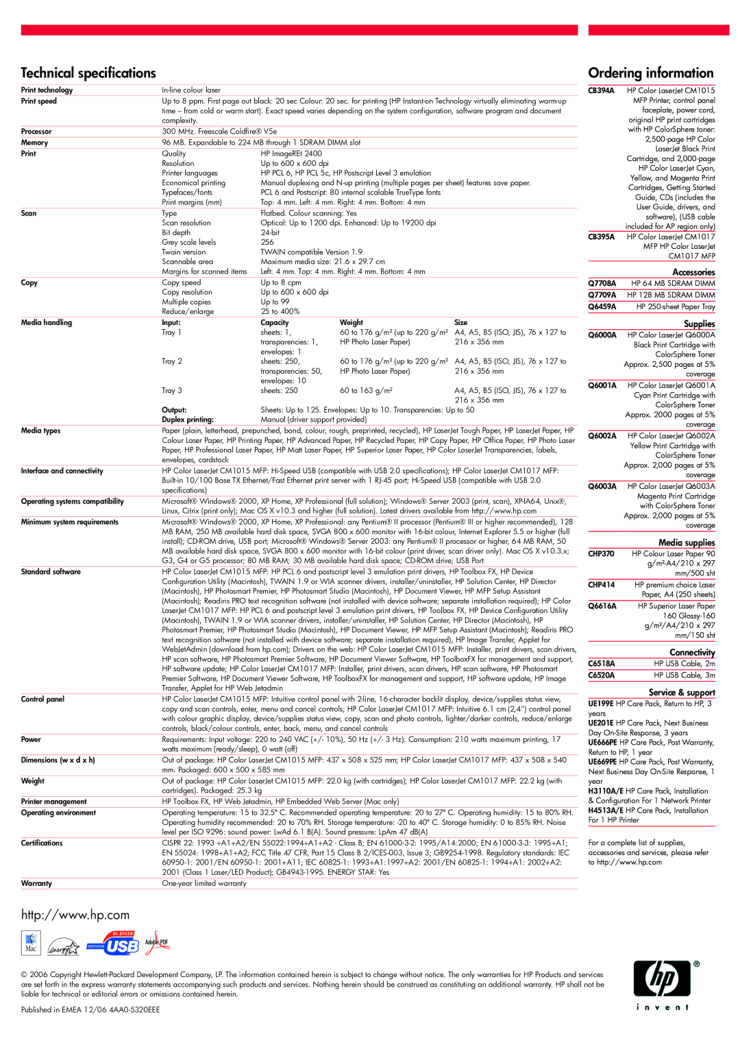 HP CM1017, CM1015 manual Ordering information, Technical specifications 