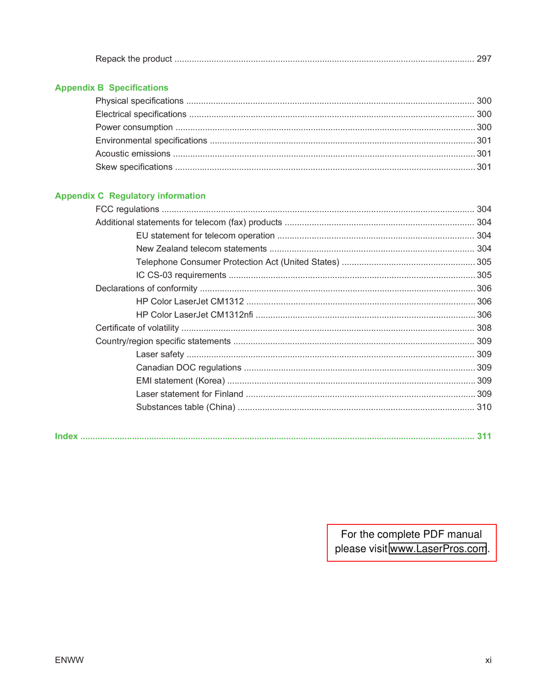 HP CM1312 MFP manual Appendix B Specifications, Appendix C Regulatory information, 311 